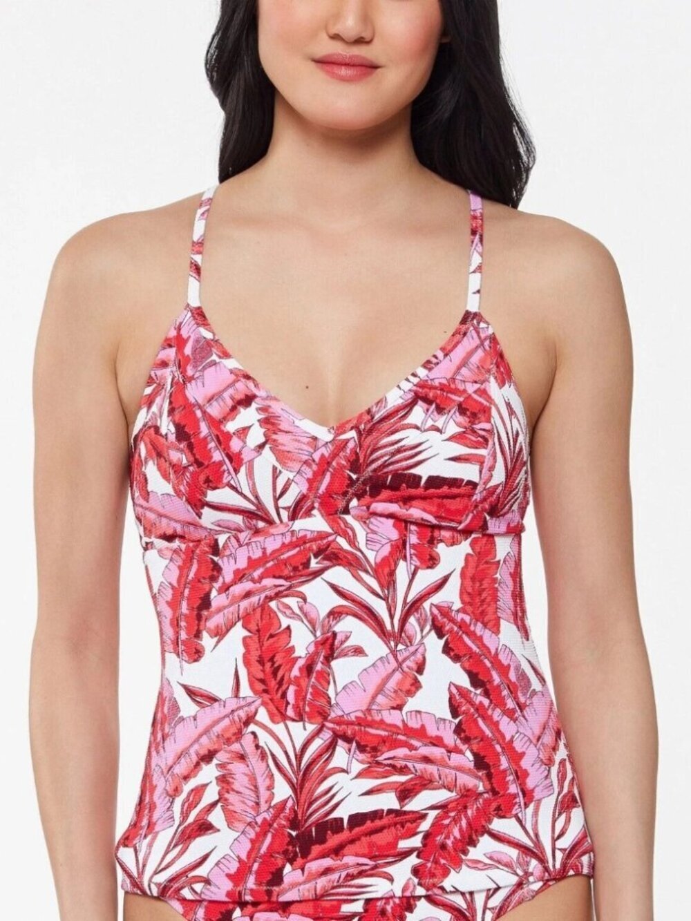 Jessica Simpson Paradiso Palm Tankini Top Fuchsia Pink Tropical Cross Back SZ:M